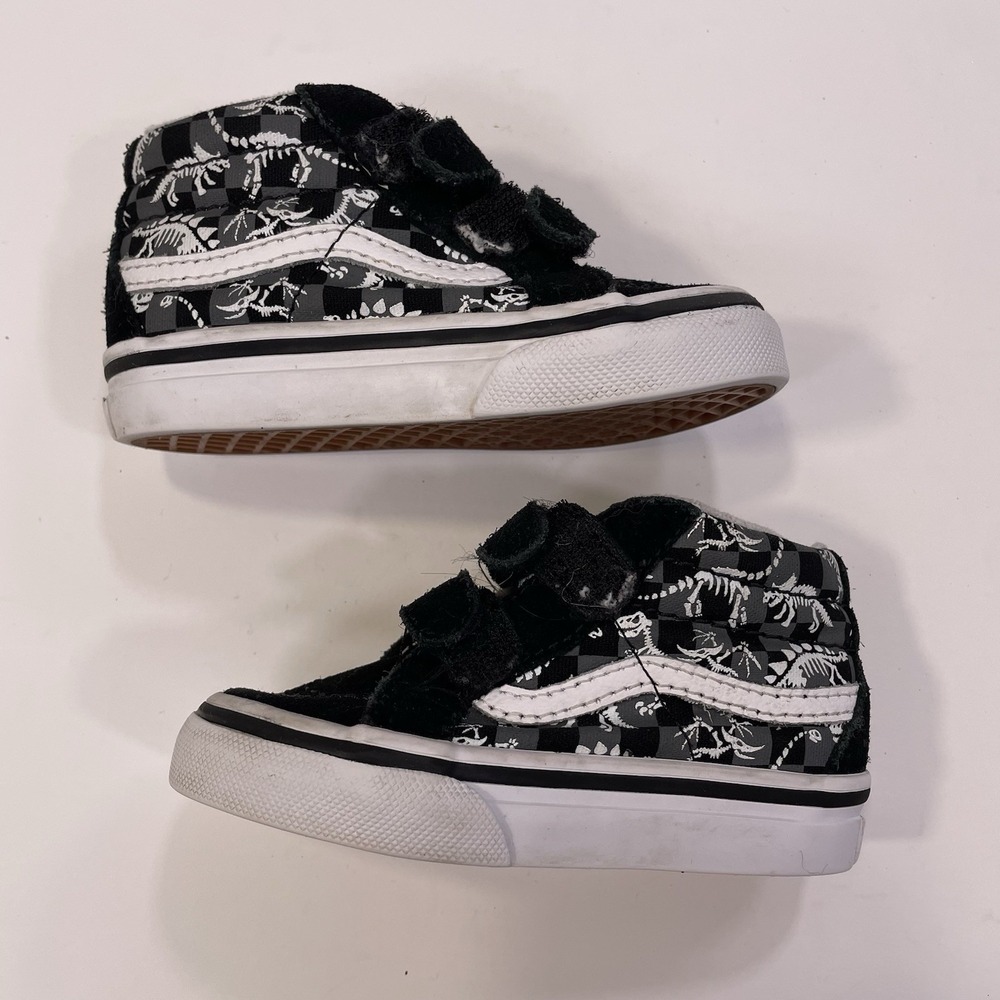 Vans Toddler High Top Shoes Size 5 Double Strap Dinosaur Skeleton No Tying Black